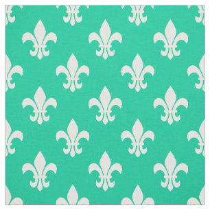 Caribbean Green, White Fleur De Lis Pattern Fabric