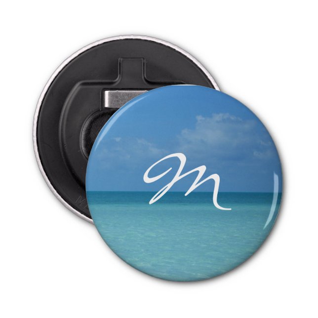 Caribbean Horizon Tropical Turquoise Blue Monogram Bottle Opener (Front)