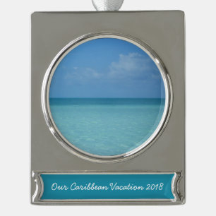 Caribbean Horizon Tropical Turquoise Blue Silver Plated Banner Ornament
