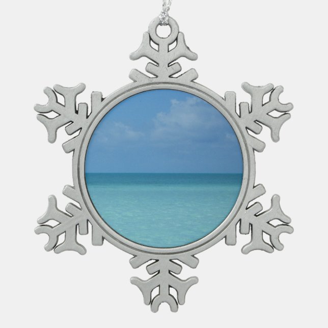 Caribbean Horizon Tropical Turquoise Blue Snowflake Pewter Christmas Ornament (Front)