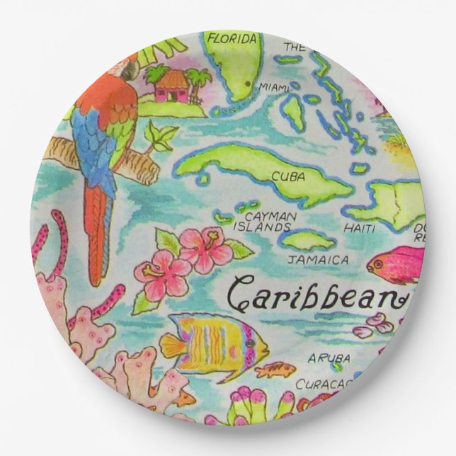 Caribbean Island Map Postcard Paper Plate (Front)