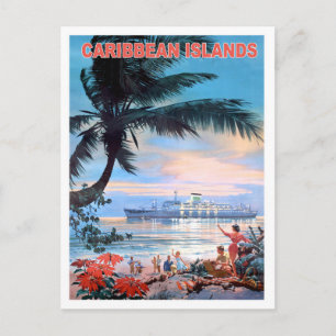 Caribbean islands, cruiser ship, vintage travel postcard