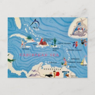 Caribbean Islands Illustrated Map  Postcard