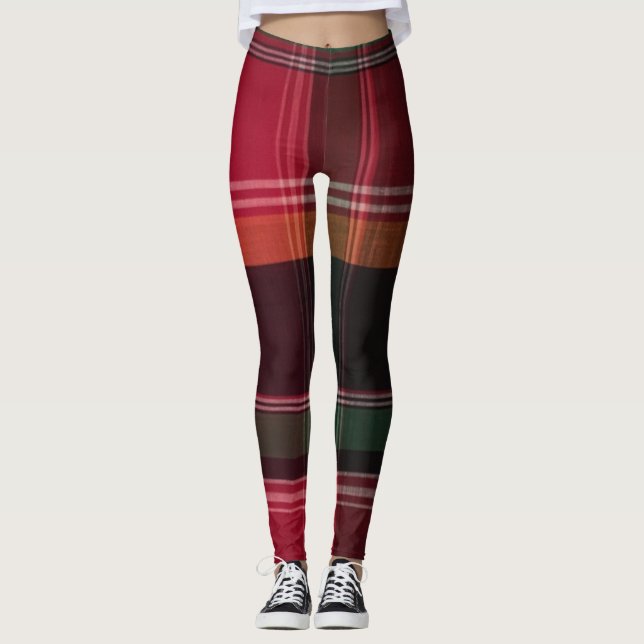 Caribbean Modern Red Green Madras Plaid Leggings (Front)
