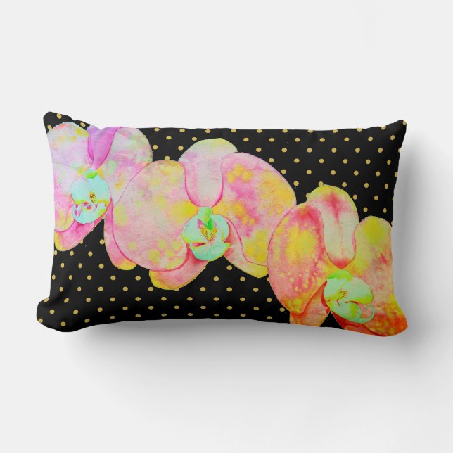 Caribbean orchids, tropical watercolor flowers lumbar cushion (Front)