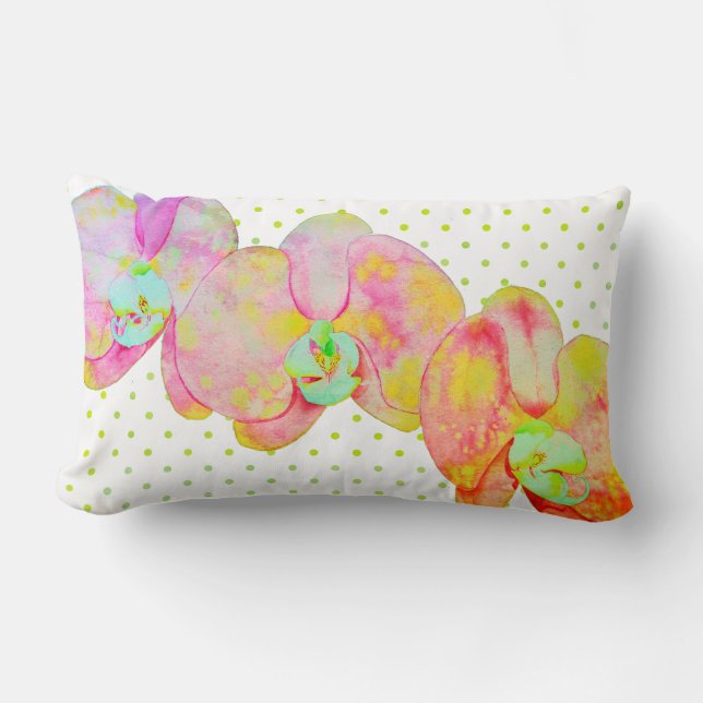 Caribbean orchids, tropical watercolor flowers lumbar cushion (Front)