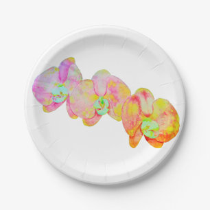 Caribbean orchids, tropical watercolor flowers paper plate