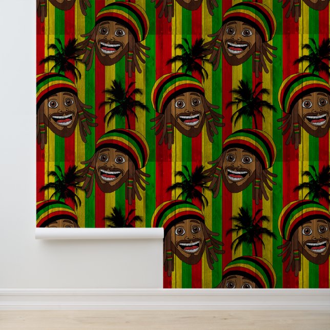 Caribbean Restaurant Weathered Wood Rasta Striped Wallpaper (Application)