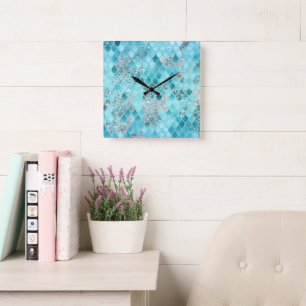 Caribbean Summer Mermaid Scales 1 Square Wall Clock