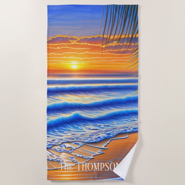Caribbean Sunset with Personalised Name Beach Towel (Front)