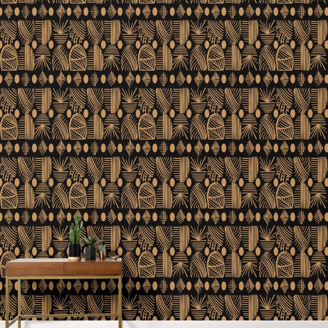 Caribbean Tribal Mudcloth: Black and Gold Wallpaper (Hallway)