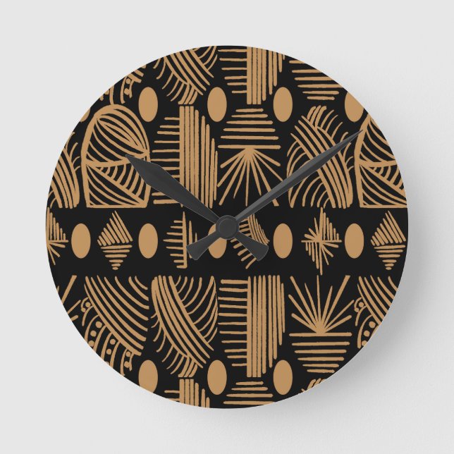 Caribbean Tribal Mudcloth: Black, Gold Round Clock (Front)
