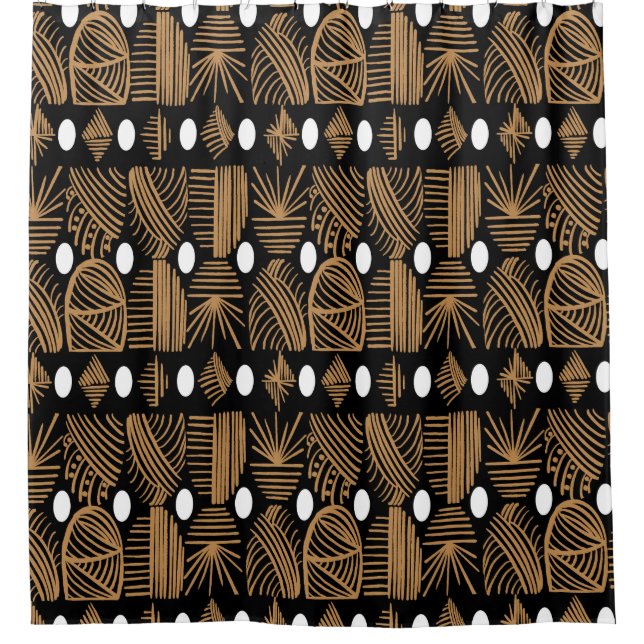 Caribbean Tribal Mudcloth: Black, White, Gold Shower Curtain (Front)