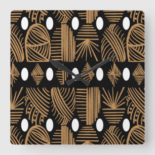 Caribbean Tribal Mudcloth: Black, White, Gold Square Wall Clock