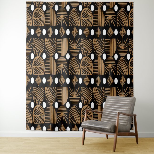 Caribbean Tribal Mudcloth: Black, White, Gold Tapestry (In Situ)