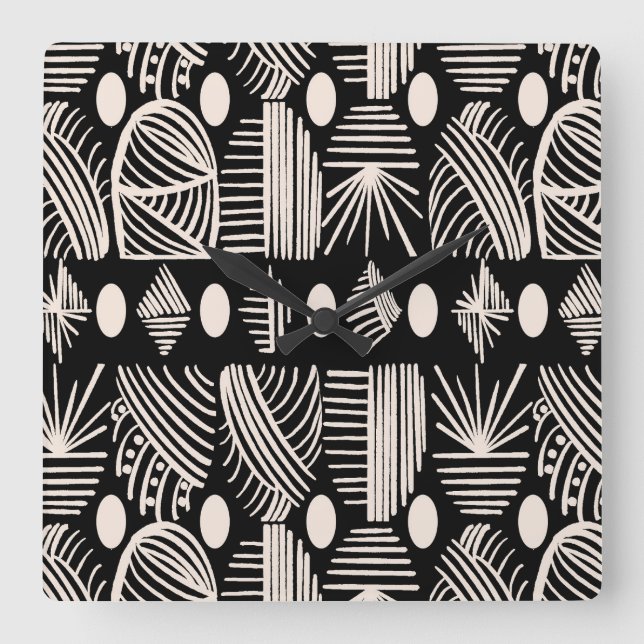 Caribbean Tribal Mudcloth: Black, White, Square Wall Clock (Front)