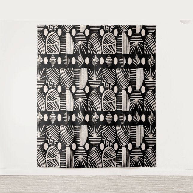 Caribbean Tribal Mudcloth: Black, White, Tapestry (Front)