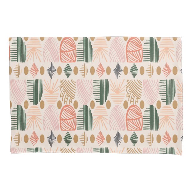 Caribbean Tribal Mudcloth: Boho Dark Green, Pink Pillowcase (Front)