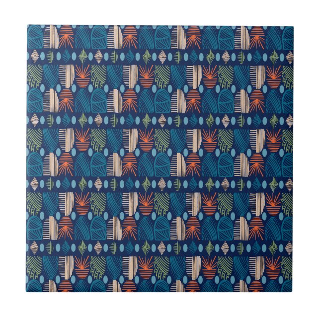 Caribbean Tribal Mudcloth: Festive Blue, Orange Tile (Front)