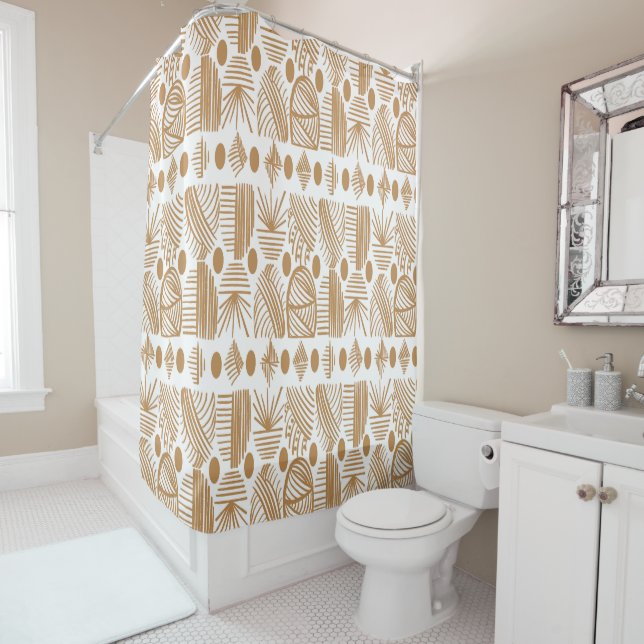 Caribbean Tribal Mudcloth: White, Gold Shower Curtain (In Situ)