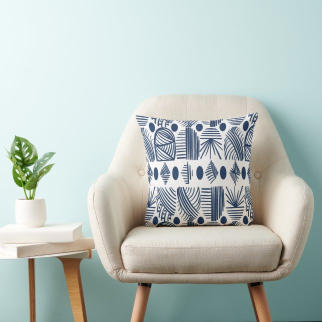 Caribbean Tribal Mudcloth: White, Navy Blue Cushion (Chair)