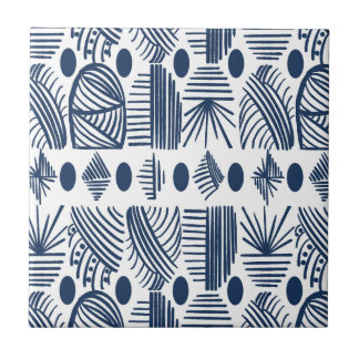 Caribbean Tribal Mudcloth: White, Navy Blue Tile