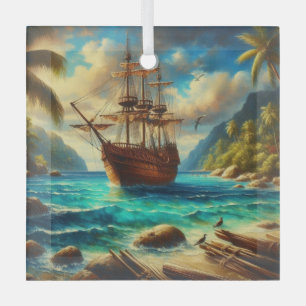 Caribbean/tropical beach ship art glass tree decoration