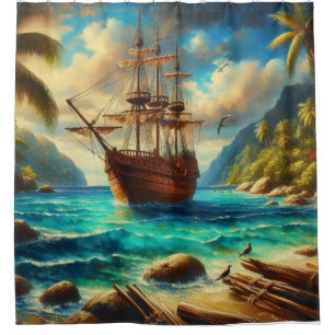 Caribbean/tropical beach ship art shower curtain