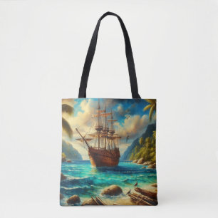 Caribbean/tropical beach ship art tote bag
