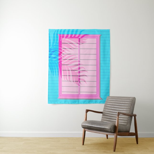 Caribbean Vibes Pink and Blue Window Shutters Tapestry (In Situ)