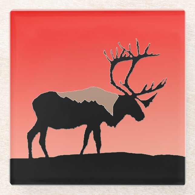 Caribou at Sunset  - Original Wildlife Art Glass Coaster (Front)