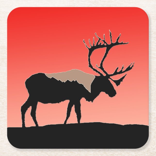 Caribou at Sunset  - Original Wildlife Art Square Paper Coaster (Front)
