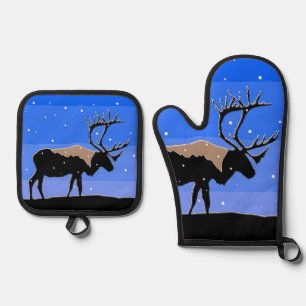 Caribou in Winter - Original Wildlife Art Oven Mitt & Pot Holder Set