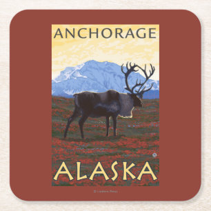 Caribou Scene - Anchorage, Alaska Square Paper Coaster
