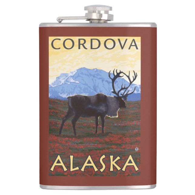 Caribou Scene - Cordova, Alaska Hip Flask (Front)