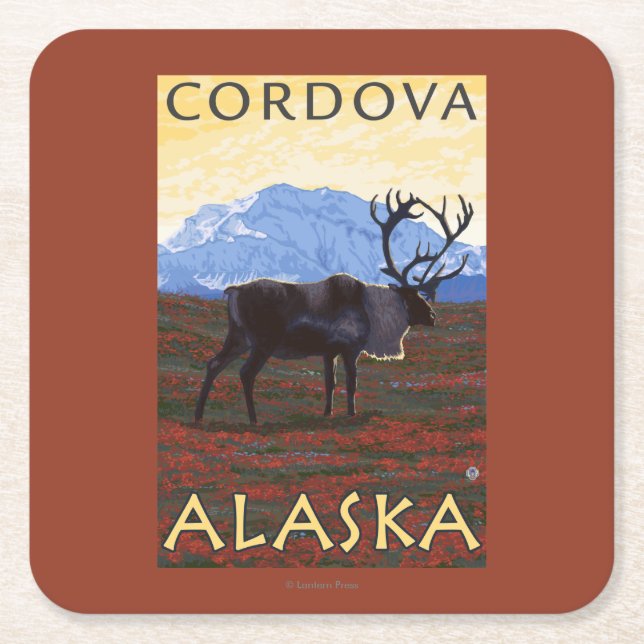 Caribou Scene - Cordova, Alaska Square Paper Coaster (Front)