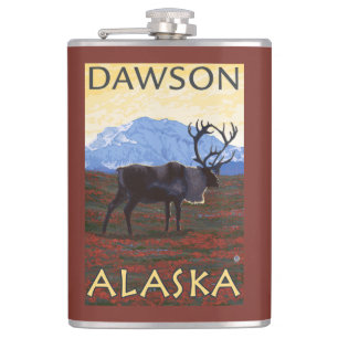 Caribou Scene - Dawson, Alaska Hip Flask