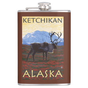 Caribou Scene - Ketchikan, Alaska Hip Flask
