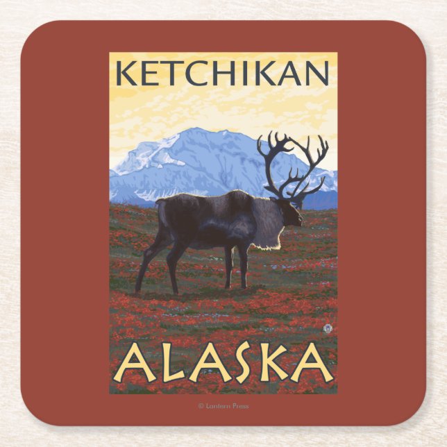 Caribou Scene - Ketchikan, Alaska Square Paper Coaster (Front)