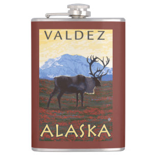 Caribou Scene - Valdez, Alaska Hip Flask