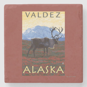 Caribou Scene - Valdez, Alaska Stone Coaster