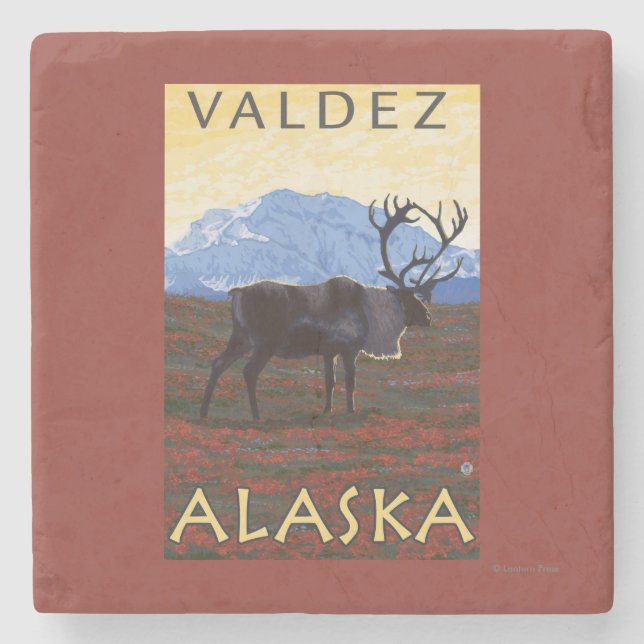 Caribou Scene - Valdez, Alaska Stone Coaster (Front)