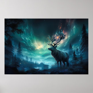Caribou Under The Northern Lights Poster