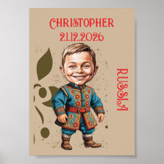 Caricature Boy dressed up in Vintage Russian Poster