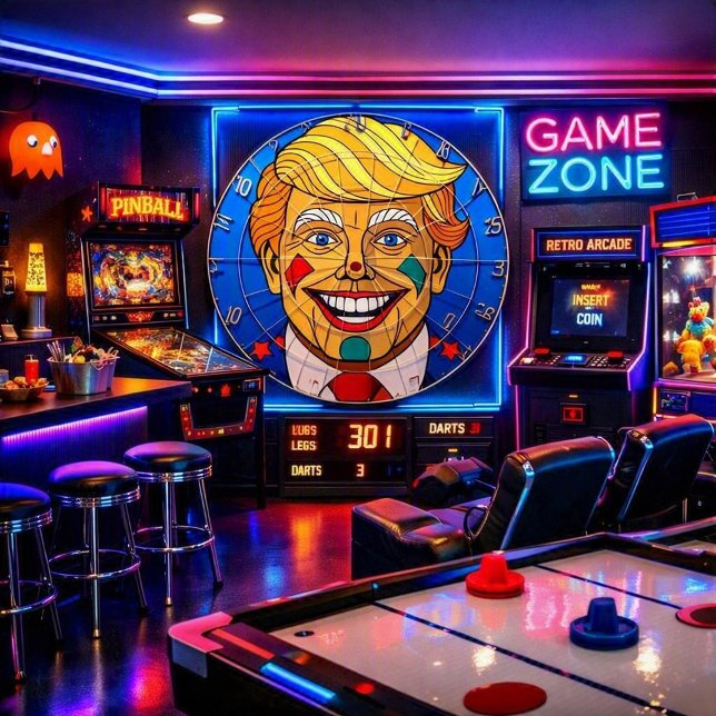 Caricature Dartboard – Bold Pop Art Target Design (“Game night just got presidential — aim high, score big, and let the neon lights decide the winner!”)