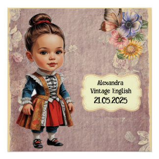 Caricature Girl dressed up  in Vintage English Poster