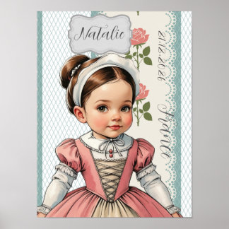 Caricature Girl dressed up  in Vintage French  Poster