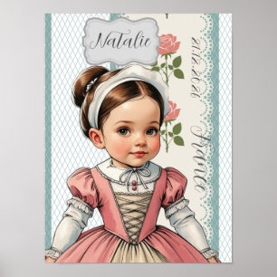 Caricature Girl dressed up in Vintage French Poster