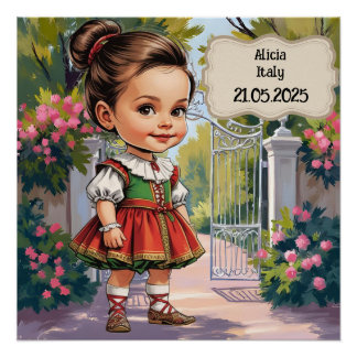 Caricature Girl dressed up  in Vintage Italian Poster