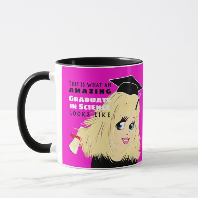 Caricature GRADUATE Gift  Female Blonde Hair Blue Mug (Left)
